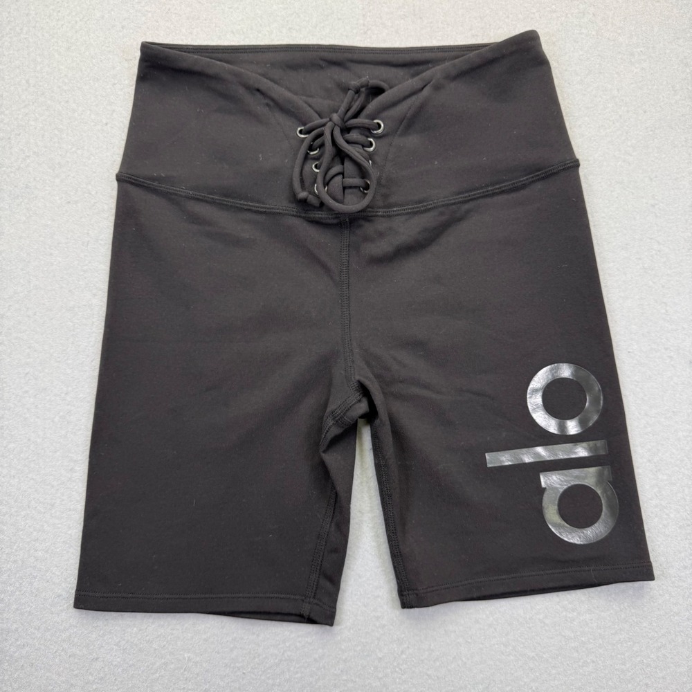 Alo Yoga Womens Black Lace Up‎ High Waist Biker Shorts Size S Logo Athletic